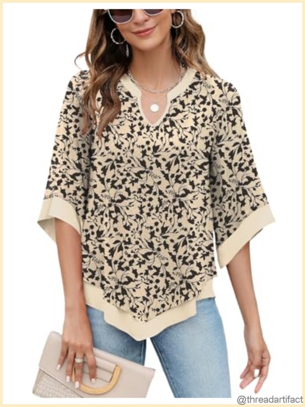 Womens 3/4 Sleeve Chiffon Blouse V Neck Double Layer Mesh Tunic Top